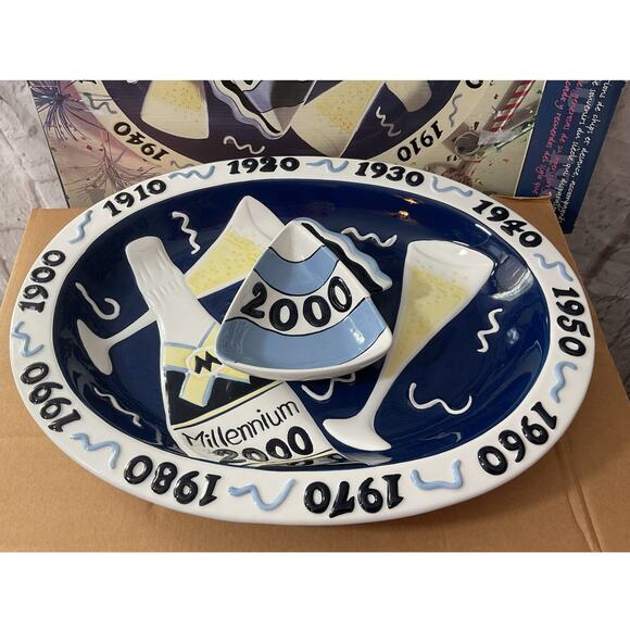 1998 Vintage Ceramic 2000 CHIP & DIP Millennium Party Tray& Bowl, Clay Art NIB - Picture 10 of 10